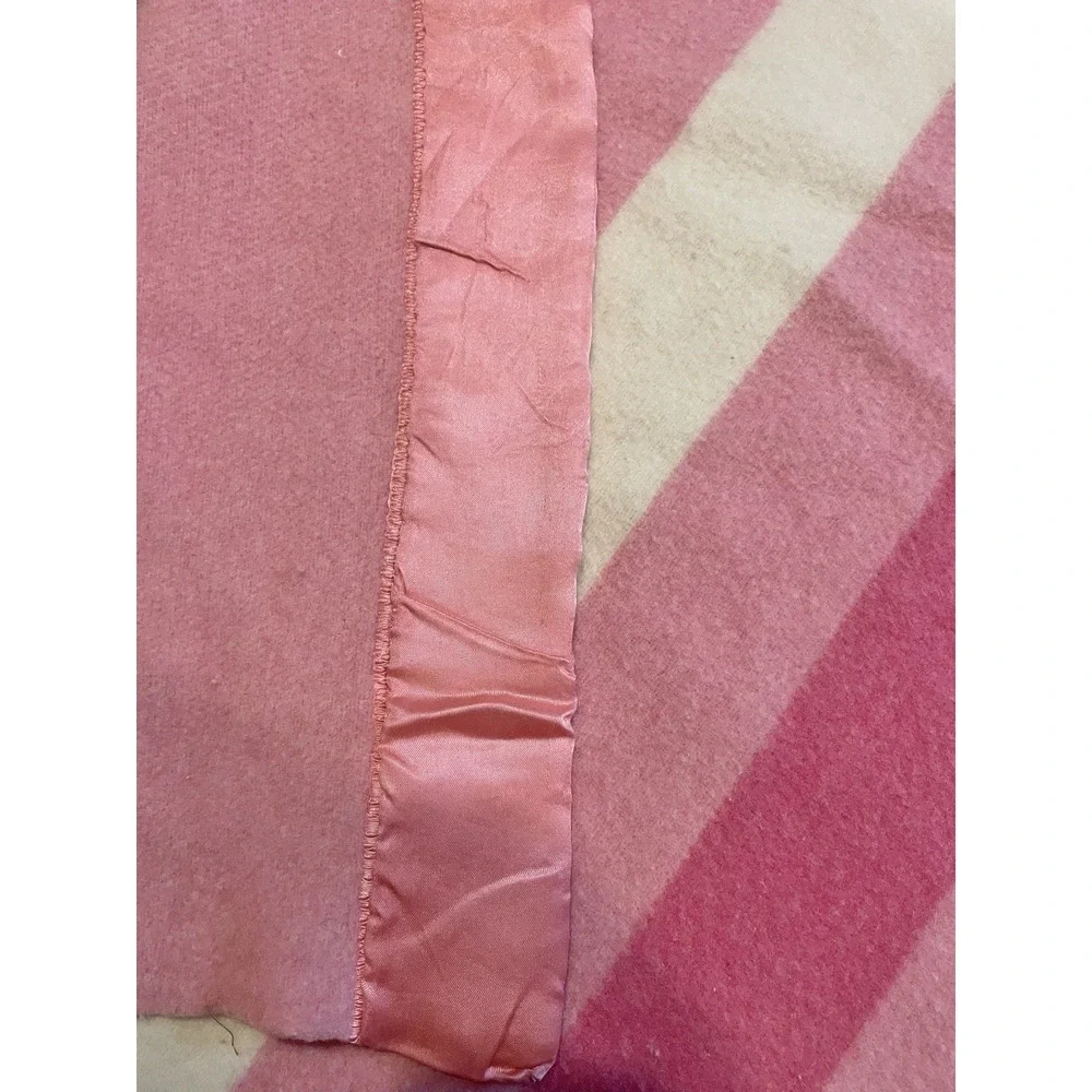 Vtg Baron Woolen Mills Wool Blanket Pink White Stripe Satin Trim 70